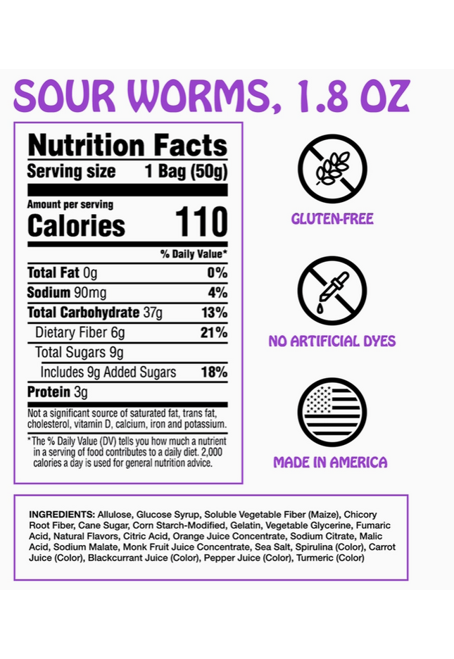 Sour Gummy Worms Candy: GF, Prebiotics, Low Sugar